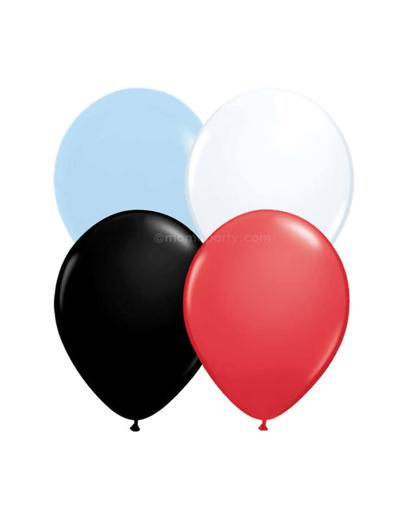 Classic-Train-Latex-Balloon-Mix by Momopartys, including assorted matte blue, red, black and white balloon