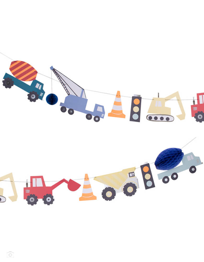 Construction Garland by Meri Meri.  This 10ft construction garland, features beautifully illustrated vehicles, with 3D honeycomb paper effects and eye-catching shiny silver foil details, easily turn the party room, or a bedroom, into an amazing construction zone with this colorful garland. 