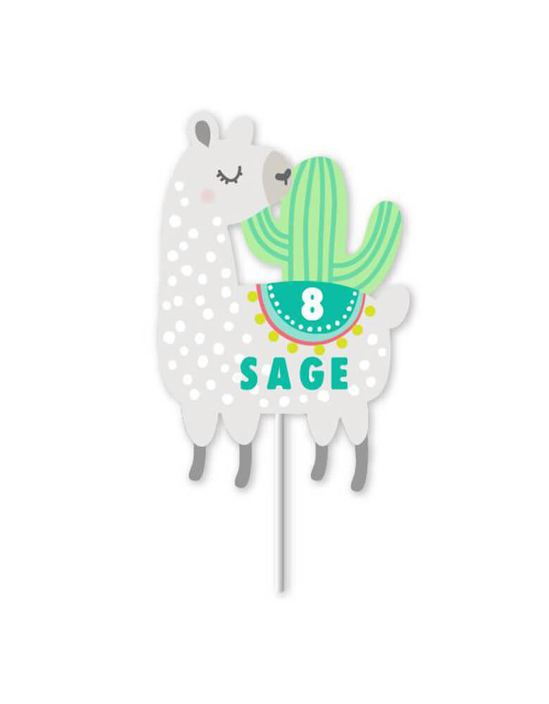 Merrilulu - Custom Llama & Cactus Cake Topper with custom name "SAGE" and age 8 on it.