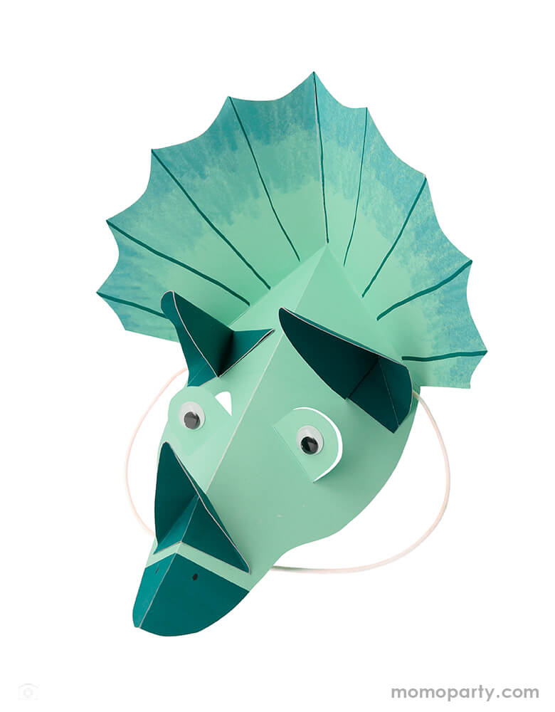 Meri Meri - 205480 Dinosaur Kingdom Party Hats in green. These Dinosaur Kingdom Party Hats  in 4 colors featuring googly eyes with white elastic. they are truly roar-some!  Make a dinosaur party extra special with these amazing Triceratops hats. 