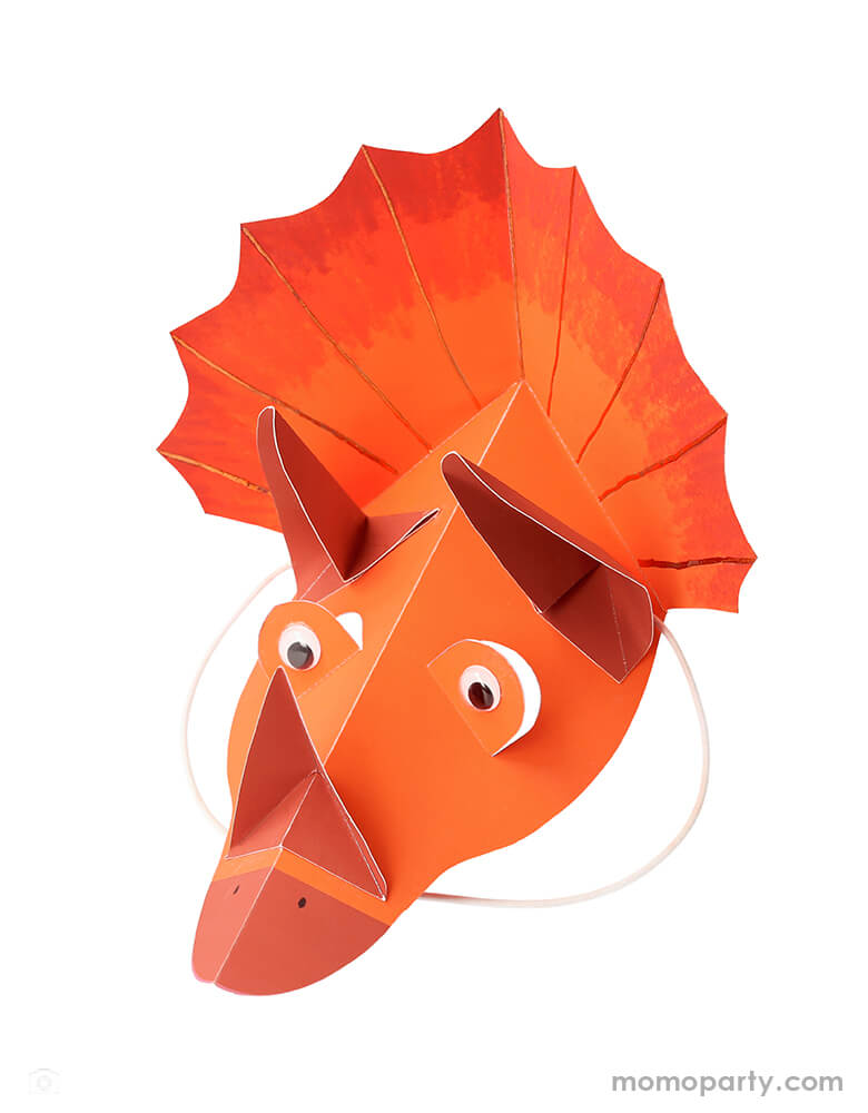 Meri Meri - 205480 Dinosaur Kingdom Party Hats in red. These Dinosaur Kingdom Party Hats  in 4 colors featuring googly eyes with white elastic. they are truly roar-some!  Make a dinosaur party extra special with these amazing Triceratops hats. 
