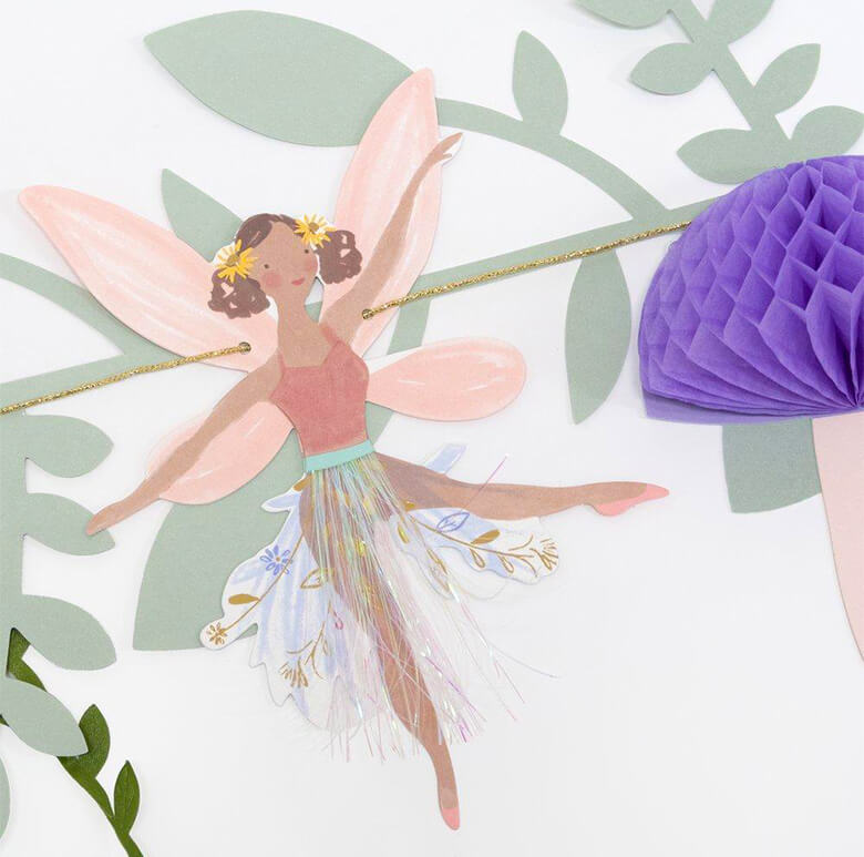 Details of Meri Meri Fairy Garland of  A fairy with gorgeous iridescent threads in her skirt , a purple honeycomb mushroom for a 3D effect.