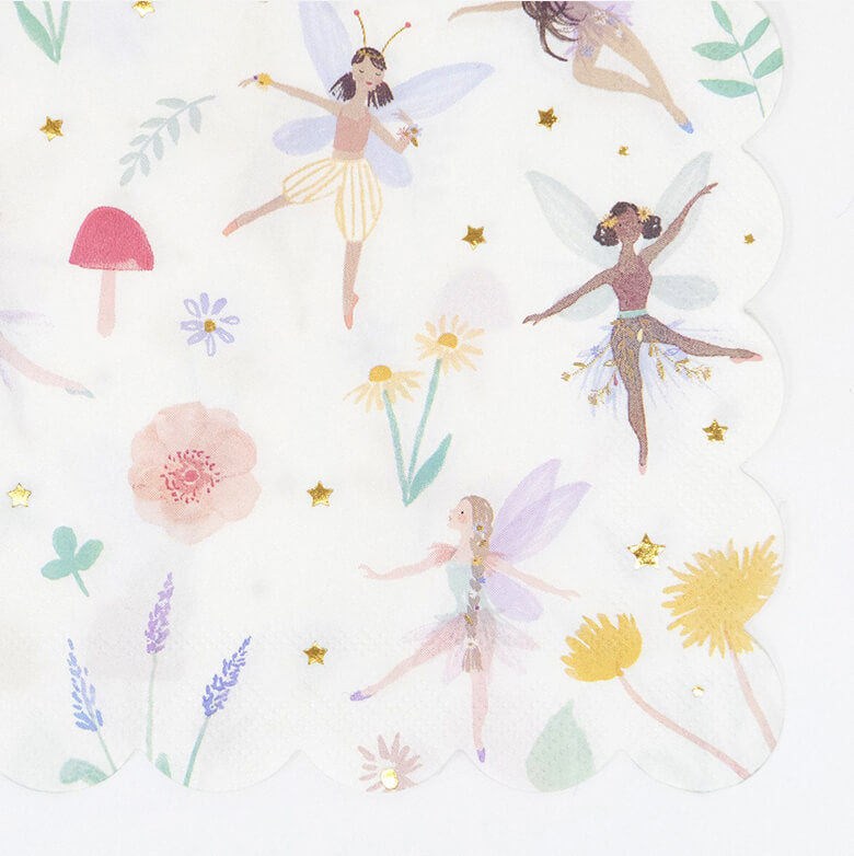 Close up details of Meri Meri Fairy Large Napkin, with dancing fairies, toadstools, flowers and butterflies design, They are perfect for a fairy or princess party. They have a stylish scallop edge and lots of shimmering gold foil detail. They are an ideal way to add a touch of magic to the party table!