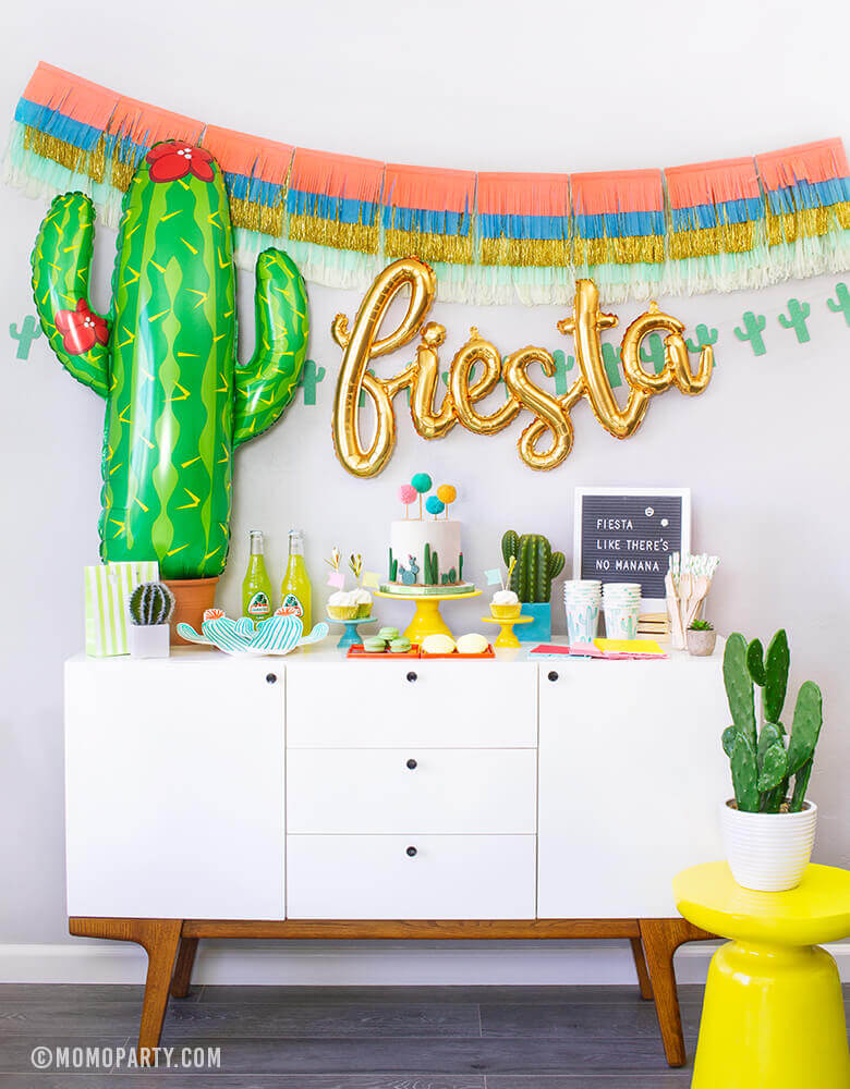 Momopartys in a box, Cactus Fiesta themed Morden Party tablewares, Party Supplies, Fiesta foil balloon, Cactus Foil balloon,  Party garlands decoration inspiration for Mexican Fiesta themed birthday party, Cactus themed Celebration