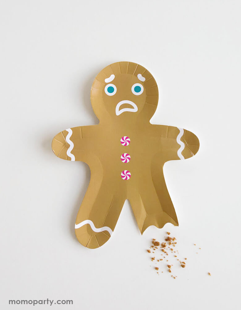 Jollity & Co Gingerbread Man Die-cut shaped Plates with bitted leg and sad face, adding some cookie crush for a fun christmas celebration. sold by high quality unique party boutique store at momopartys.shop