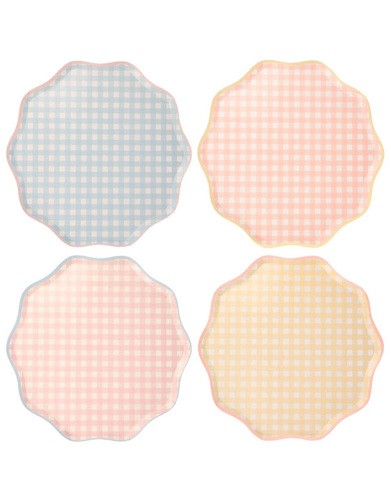 Meri Meri Gingham Dinner Plates. These plates feature a classic spring and summer Gingham print in blue, coral, pink and yellow design colors,  with a delightful scalloped edge and a coordinating colored border. They are perfect for Tea parties, Easter party, Easter picnic, Spring party, and any birthday party for girls.