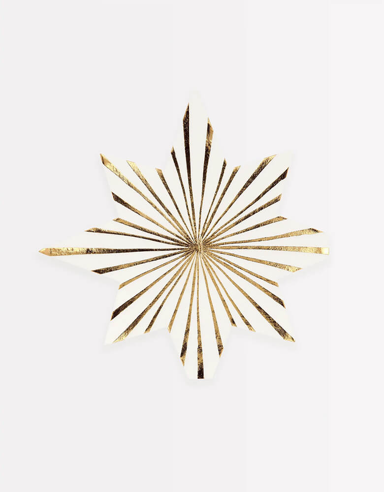 Meri Meri Gold Stripe Star Napkins, Sold by Momopartys.  These beautiful star napkins will add a really elegant touch to your festive party table. They are crafted from high quality paper, with shiny gold foil stripes that are most eye-catching. Crafted from 3-ply paper, so are practical as well as decorative. Gold foil details.