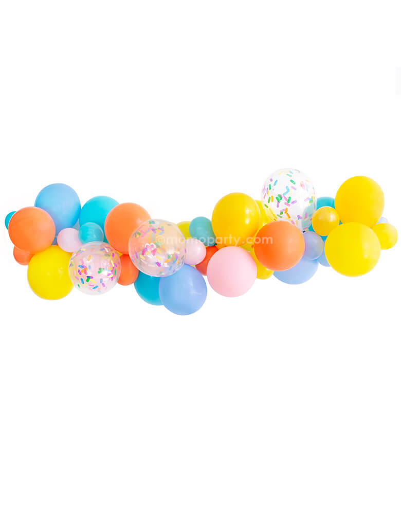 Momopartys Good Vibes Balloon Cloud Kit. Included Assorted 11” (large) & 5” (small) "Good Vibes" themed latex balloons in coral, pink, yellow, goldenrod, light blue and Caribbean blue, plus six 11" confetti balloons (pre-filled). Made in the USA. Easy DIY balloon garland Kit for your party