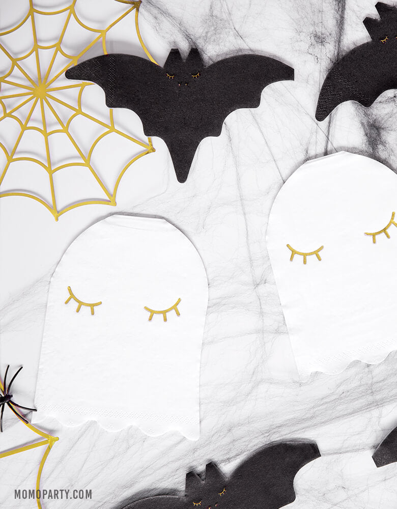 Halloween party Table set up with Party Deco Bat Napkins and Ghost Napkin, Gold Spiderweb Decorations on the marble tabletop. For Kids Not-so-scary Halloween party, hocus pocus party, trick-or-treating party, nightmare before christmas party, spooktacular halloween party and all halloween related celebrations. Find these Morden and high quality party tableware at party online store, party boutique online store, party supplies at momopartys.shop
