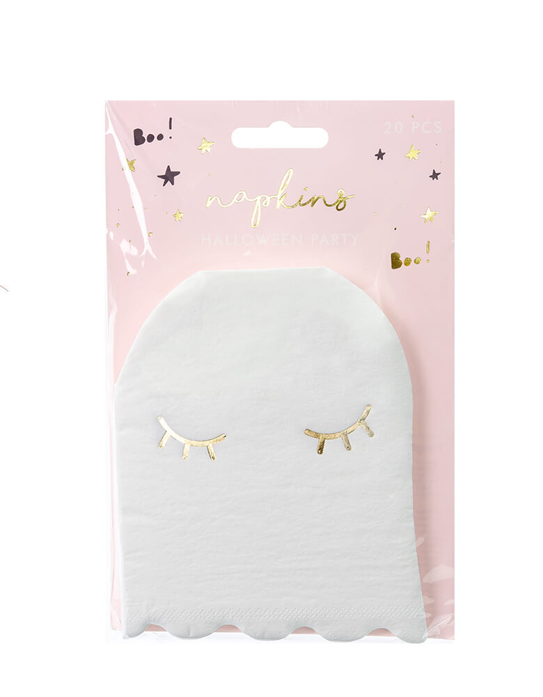 Party Deco Halloween Ghost Napkin with pink packaging, Featuring a cute smiley ghost die-cut design with gold foil detail. Add these boo-tiful ghost shaped napkins to your Halloween celebration, Kids modern spooky halloween party, hocus pocus party, trick-or-treating party, nightmare before christmas party, spooktacular halloween party and all halloween related celebrations