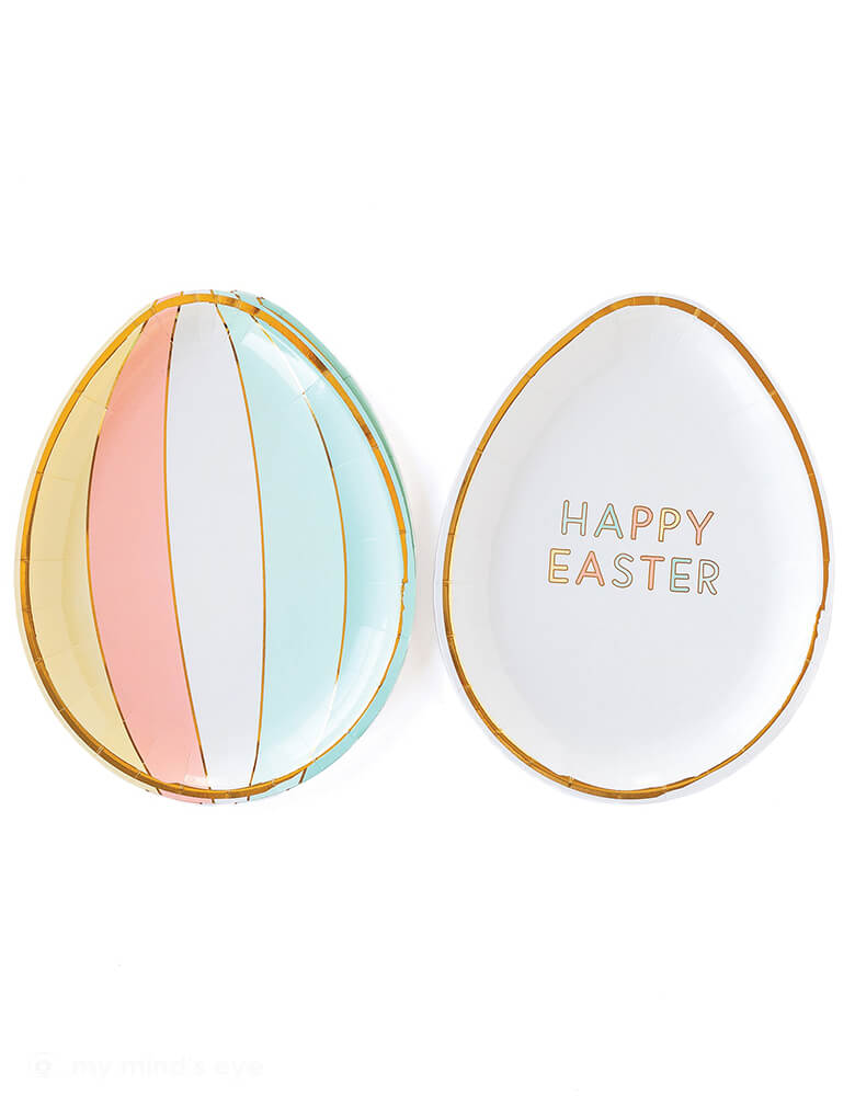 Happy Easter Egg Shaped Paper Plates by My mind's Eye. These whimsical egg plates featuring a die cut egg shaped plate in pretty pastel color and gold foil accents,  there is "Happy Easter" message in one design and a pastel colorful stripes in other design . Each plate set come with 2 designs, and 4 of each design.