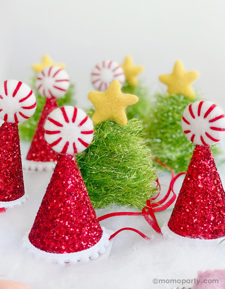 Christmas Tree Glitter Hats with Holiday Red Glitter Peppermint Hats. high quality handmade in USA party hats sold at boutique party store at momopartys.shop