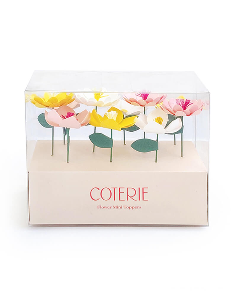 Coterie - In Full Bloom Mini Toppers. Pack of 10. featuring handmade paper flower toppers with leaves. add an elegant floral touch to cupcakes, cakes or hors d'oeuvres. modern and unique cupcake and cake topper for your little one's tea party, garden party, fairy party, mother's day, easter celebration or any spring, flore themed  party