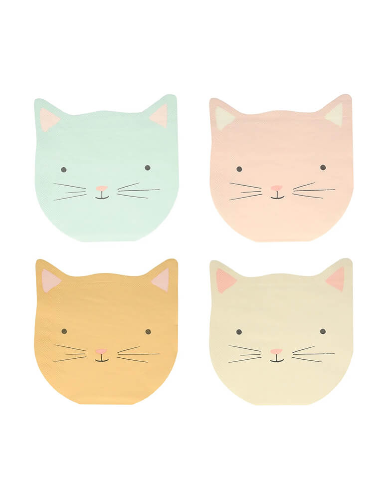 Momo Party's 6" kitten face shaped napkins by Meri Meri, comes in a set of 16 napkins in 4 pastel colors of dusty blue, dusty pink, ivory and peach, these cat head shaped napkins are prefect for kid's kitten or cat themed birthday party celebration.