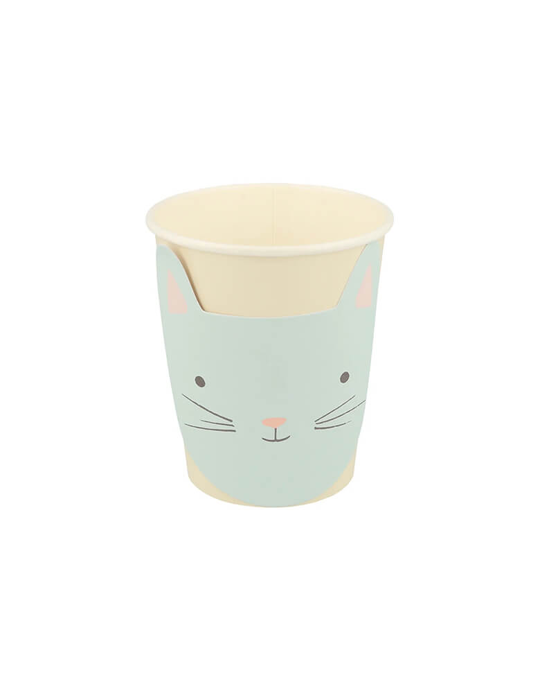 Momo Party's 9 oz kitten party cups by Meri Meri, comes in a set of 8 cups with adorable illustrations of cats in four different pastel colors, they're perfect for kid's cat or kitten themed birthday party.