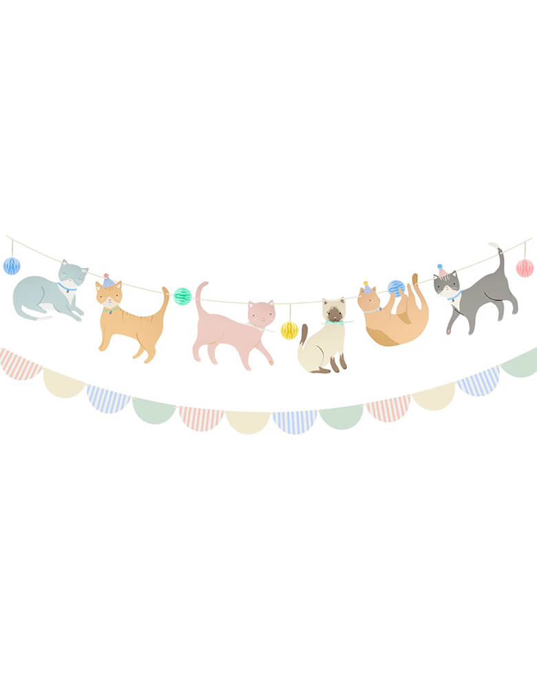 Momo Party's 10 ft kitten party garland set by Meri Meri, it includes 2 pre-threaded garlands. One with puppy pennants with folded ears, bones and honeycomb balls. The second with honeycomb balls and letter pennants. Garland features 6 kittens, 5 tissue paper honeycomb balls and a scalloped garland with 12 pennants. It's a perfect decoration for a kitten or cat themed birthday party for kids or adults.