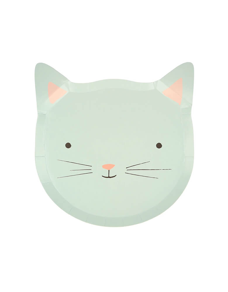 Momo Party's 7.5 inches kitten shaped party plates by Meri Meri, comes in a set of 8 plates in 4 pastel colors and designs, including ivory, dusty pink, dusty blue and peach, these adorable and sweet cat party plates for perfect for kid's kitten or cat themed birthday party.