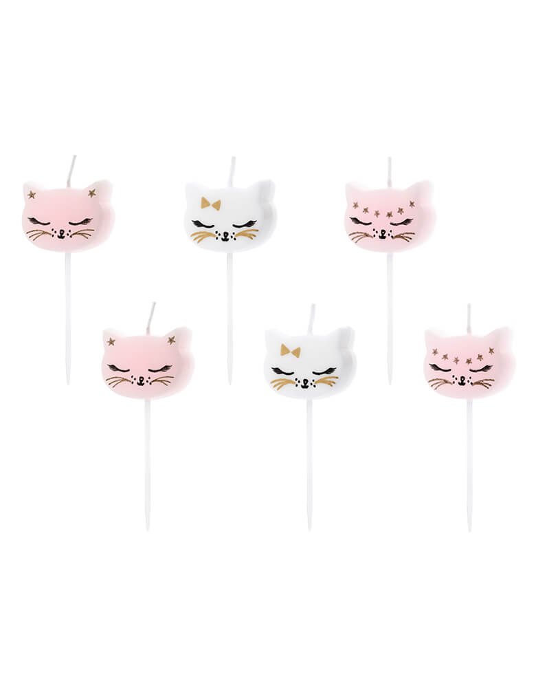 Party Deco - Kitty Cat Birthday Candles. Pack of 6 candles: 4 pink & 2 white cat head shape with gold stars details 