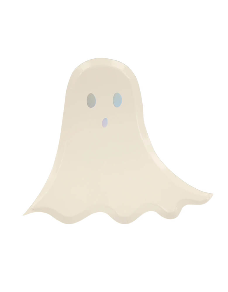 Meri Meri Halloween Ghost shaped plates with shimmering silver foil details, perfect for a kids friendly Halloween party or a trick or treat celebration 