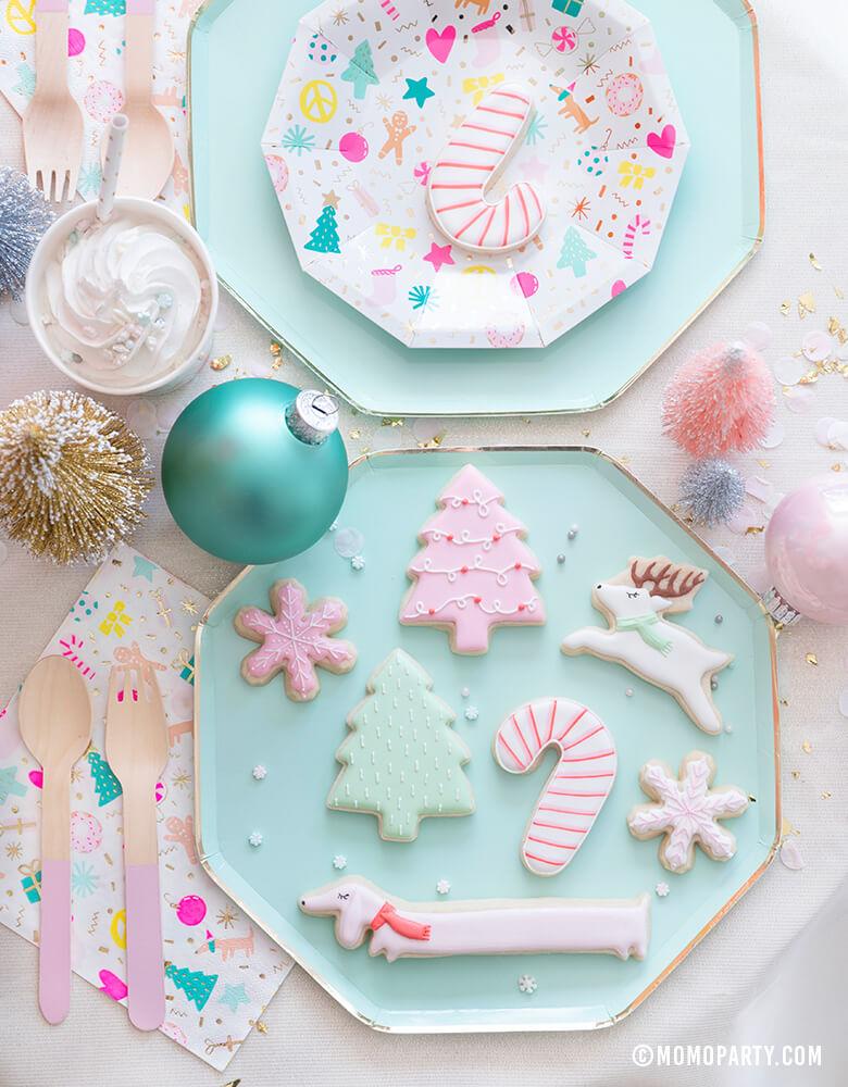 Momopartys Christmas Merry and bright party tableware with Mint Large Dinner Plates, Merry and Bright Small Plates and mixed of pastel christmas themed cookies