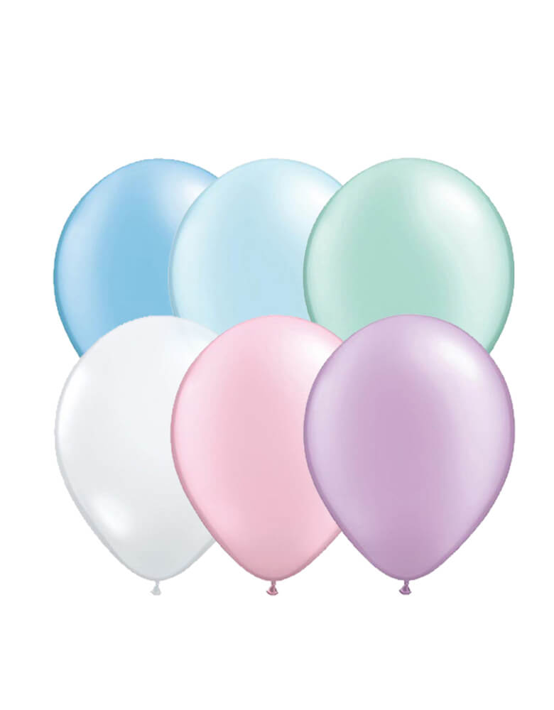 Qualatex 11" Latex Balloon Mix with Pearl mint balloons, Pearl pink, pearl blue, Pearl Purple, pearl azure and Diamond clear balloons. Designed specifically for Momopartys Mermaid collection. modern color for a Mermaid or under the sea themed party