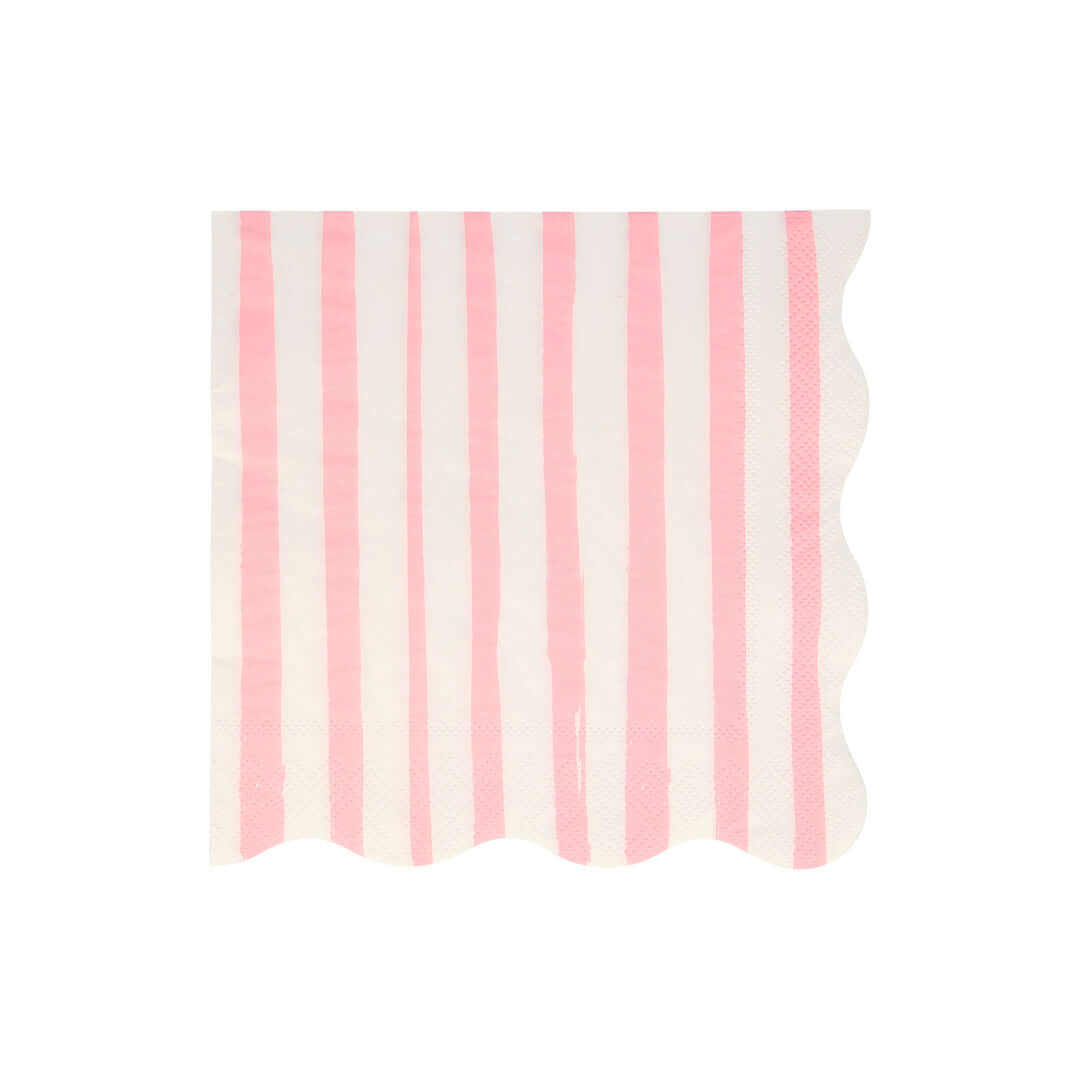 Pink Stripe Large Napkins by Meri Meri. Made from eco-friendly paper. These wonderful large Pink stripe napkins with scalloped edges. These modern party napkins will add lots of color and style to any party table