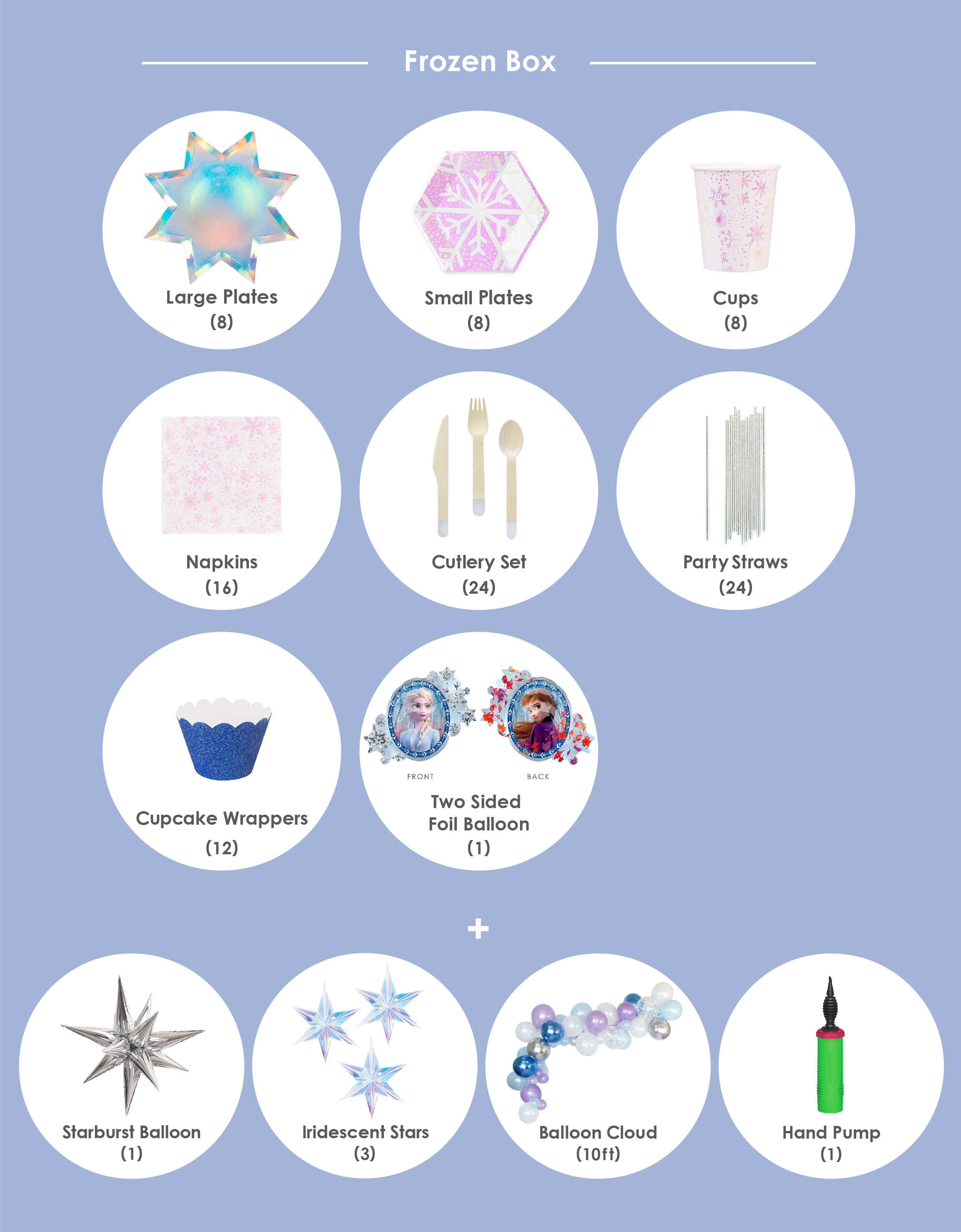 Momopartys Frozen theme, Party in a box  party supplies included Meri Meri Shining Star Large Plates, Day Dream Society Frosted Small Plates, Frosted Cups, Frosted Napkins, Silver Wooden Cutlery Set, Silver Party Straws, Glitter Ice Blue Cupcake Wrappers, Disney Frozen 2 Elsa Anna Two Sided Foil Balloon, Frozen 10-foot Balloon Cloud with hand pump Kit, Jumbo 12 Point Silver Starburst Foil Balloon, Iridescent Star Decorations. for Frozen party, Frozen 2 party, Frozen birthday, frozen winter wonderland party