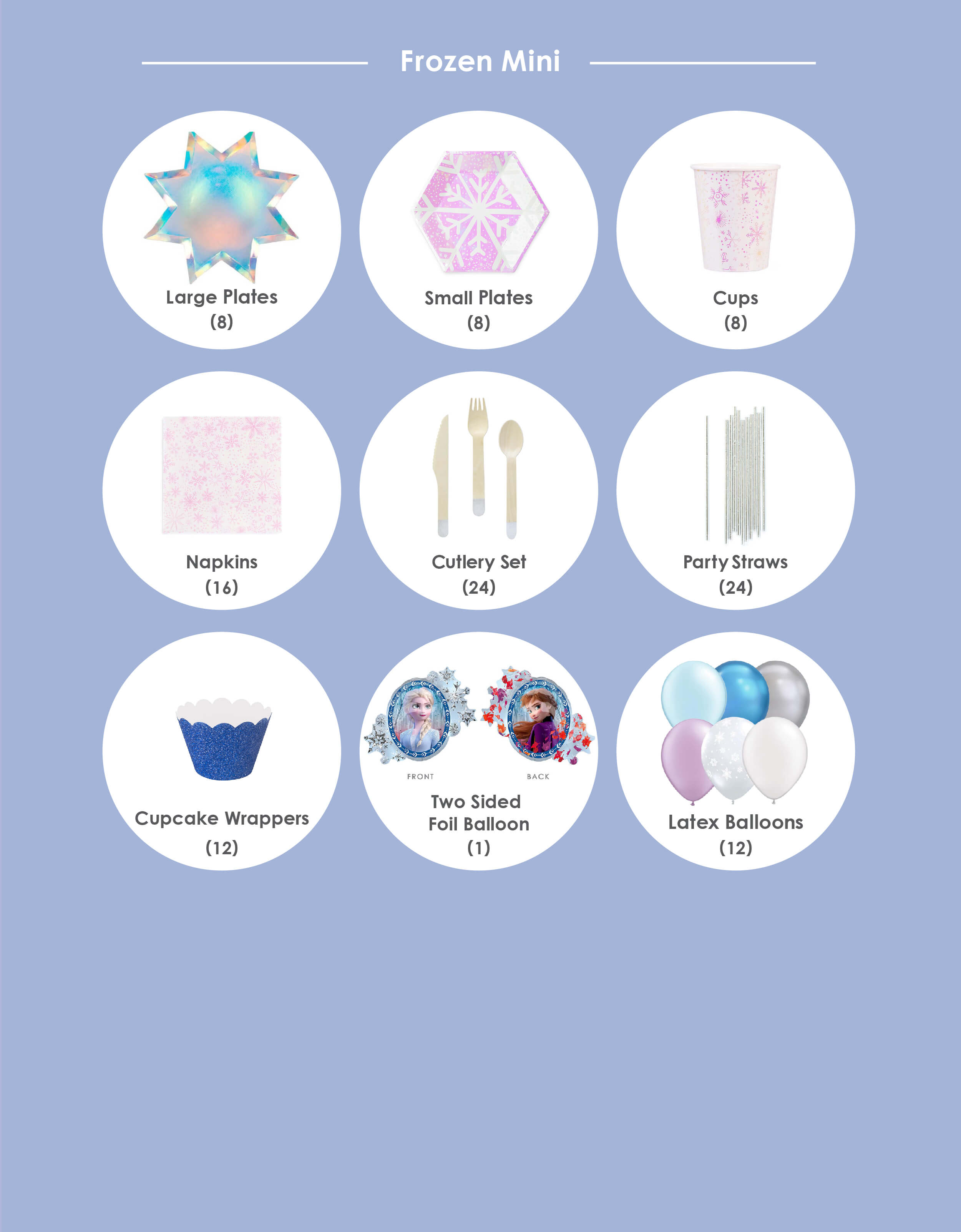 Momopartys Frozen Box, Mini party box Party Supplies items: Shining Star Large Plates (8 plates), Frosted Small Plates (8 plates), Frosted Cups (8 cups), Frosted Napkins (16 napkins), Silver Wooden Cutlery Set (8 forks, 8 knives and 8 spoons), Silver Party Straws (24 straws), Glitter Ice Blue Cupcake Wrappers, Disney Frozen 2 Elsa Anna Two Sided Foil Balloon, Frozen Latex Balloon Mix. Simple DIY party box for a Frozen party, Frozen 2 party, Girls Frozen birthday, frozen winter wonderland party