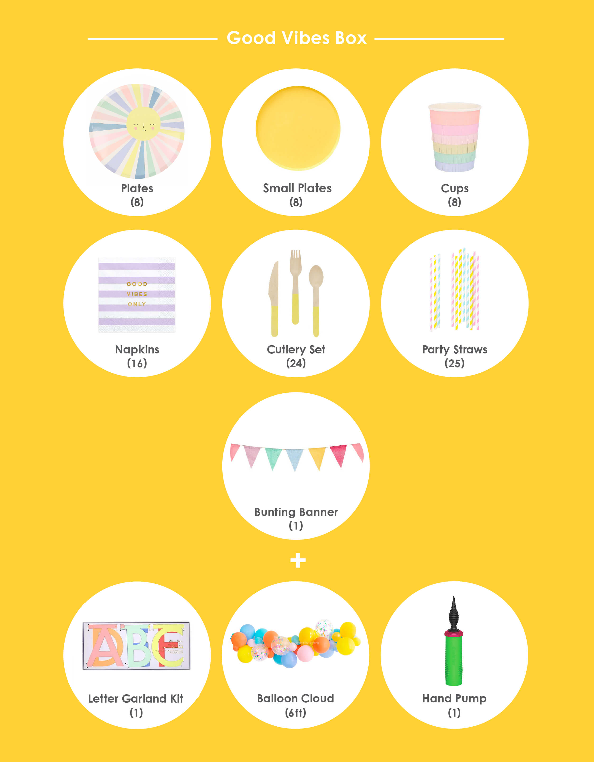 Momopartys in a box, Morden Party tablewares, Party Supplies, Party inspiration for a good vibes theme. Box included Rainbow Sun Dinner Plates, Yellow Side Plates, Rainbow Sun Cups, Good Vibes Napkins, Yellow Wooden Cutlery , Mixed Pastel Striped Straws, Good Vibes 6-foot- Balloon Garland Cloud, Multicolor Bunting Banner and Multicolor Letter Garland Kit. DIY party kit for a kids Rainbow themed birthday party, summer Party, fruity party, good vibes party, you are my sunshine party