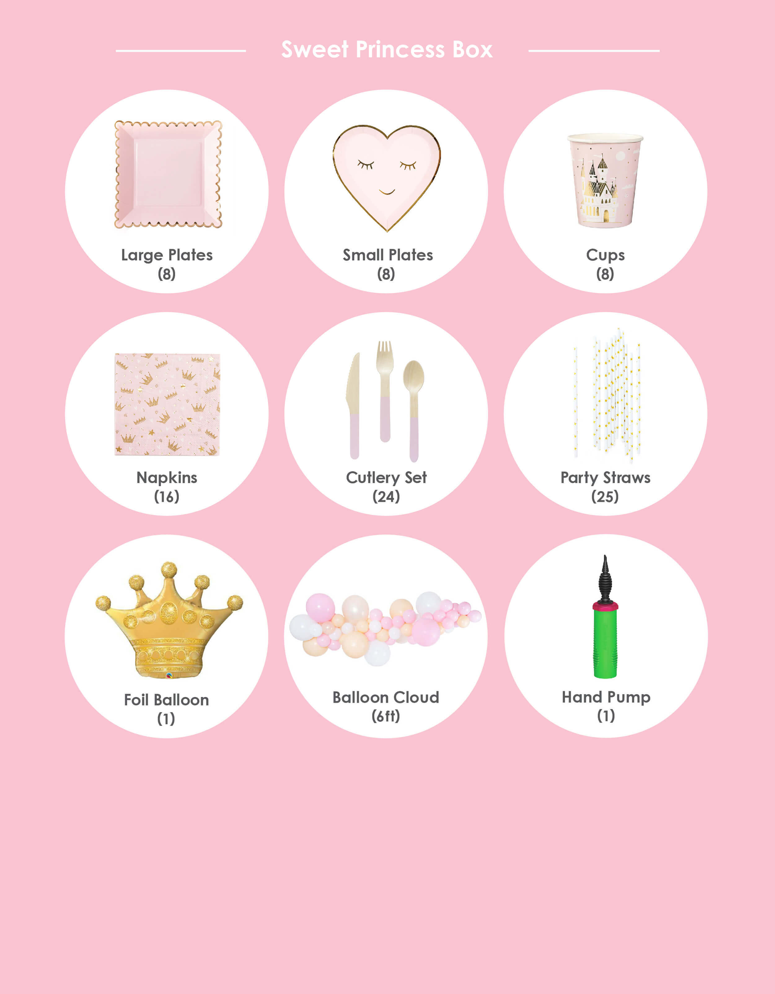 Momopartys - Sweet Princess Party Box Kit, item list included: My mind's eye Blush Large Plates, Blushing Heart Small Plates, Sweet Princess Cups, Sweet Princess Napkins, Soft Pink Wooden Cutlery Set, Gold Star Party Straws, 41” Gold Crown Foil Mylar Balloon, Sweet Princess 6-foot Balloon Cloud with hand pump. Modern party supplies for you diy birthday party set up at home.