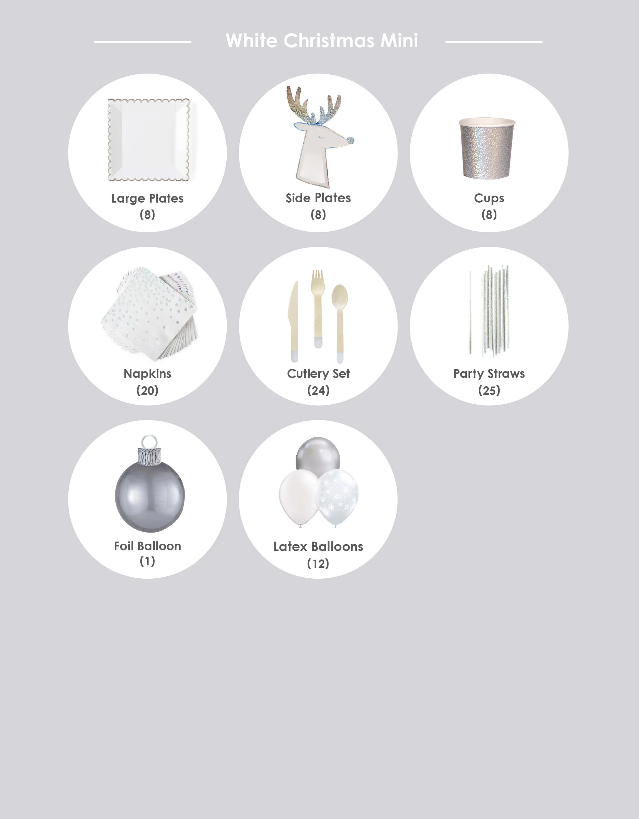 Momopartys 2020 holiday party box - white christmas mini party box item list: White Christmas Mini Box  White Scalloped Large Plates (8 plates) Silver Sparkle Reindeer Plates (8 plates) Silver Sparkle Tumbler Cups (8 cups) Gleaming Large Napkins (16 napkins) Silver Wooden Cutlery Set (forks, 8 knives and 8 spoons) Silver Foil Party Straws (25 straws) Silver Ornament Foil Balloon Kit (1 kit) White-Christmas themed Large 11-inch latex balloons* (12 balloons)