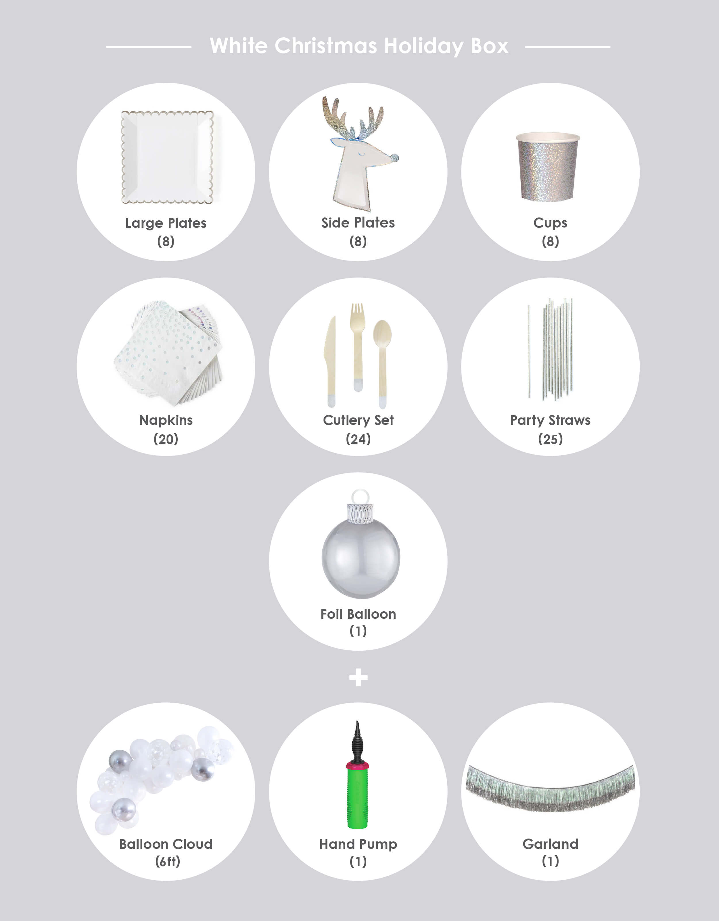 Momopartys 2020 holiday party box - white christmas party box item list: White Christmas Mini Box White Scalloped Large Plates, Silver Sparkle Reindeer Plates, Silver Sparkle Tumbler Cups, Gleaming Large Napkins, Silver Wooden Cutlery Set , Silver Foil Party Straws, Anagram Balloon Silver Ornament Foil Balloon Kit, White-Christmas themed 6-foot Holiday Balloon Cloud Kit  includes: Fishing line, Balloon hand pump, and Silver Tinsel Fringe Garland 