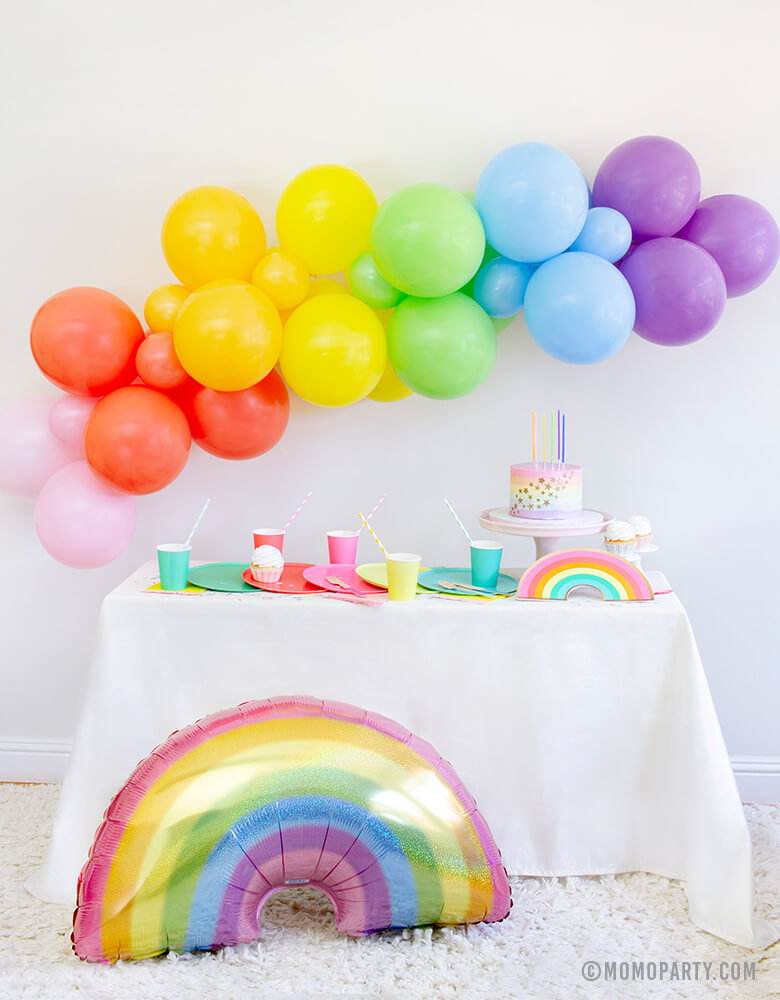 Momopartys in a box, Rainbow Morden Party tablewares, Party Supplies, Party inspiration, box included Oh happy Day Large Rainbow Plate Set, Oh happy day Rainbow Plates, Rainbow Cup Set, My minds Eye's Hip Hip Hooray Fringe Small Napkins, Hyper Tropical Wooden Cutlery Set, Mixed Pastel Striped Straws, Holographic Pastel Glitter Rainbow Foil Balloon, Mixed Rainbow colored Balloon Garland, for kids Rainbow themed birthday party, Pride Party