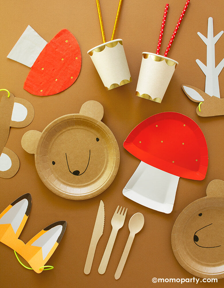 Momopartys Woodland Animal themed Party Box Tableware with Toadstool Large Plates, Bear Small Plates , Gold Scallop Cups, Toadstool Napkins, Wooden Cutlery Set, Woodland Party Straws in red polka dot and gold foil design, and Woodland Paper Animal Ears