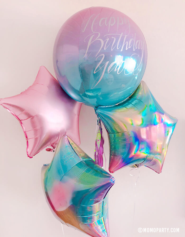 Dreamy birthday Pastel rainbow balloon boutique with Hand writing on Ombre Orbz Pastel Pink and Blue Foil Balloon,  Junior Iridescent Pastel Rainbow Star Shaped Foil Balloons, and Junior Pastel Pink Satin Luxe Star Shaped Foil Balloon 