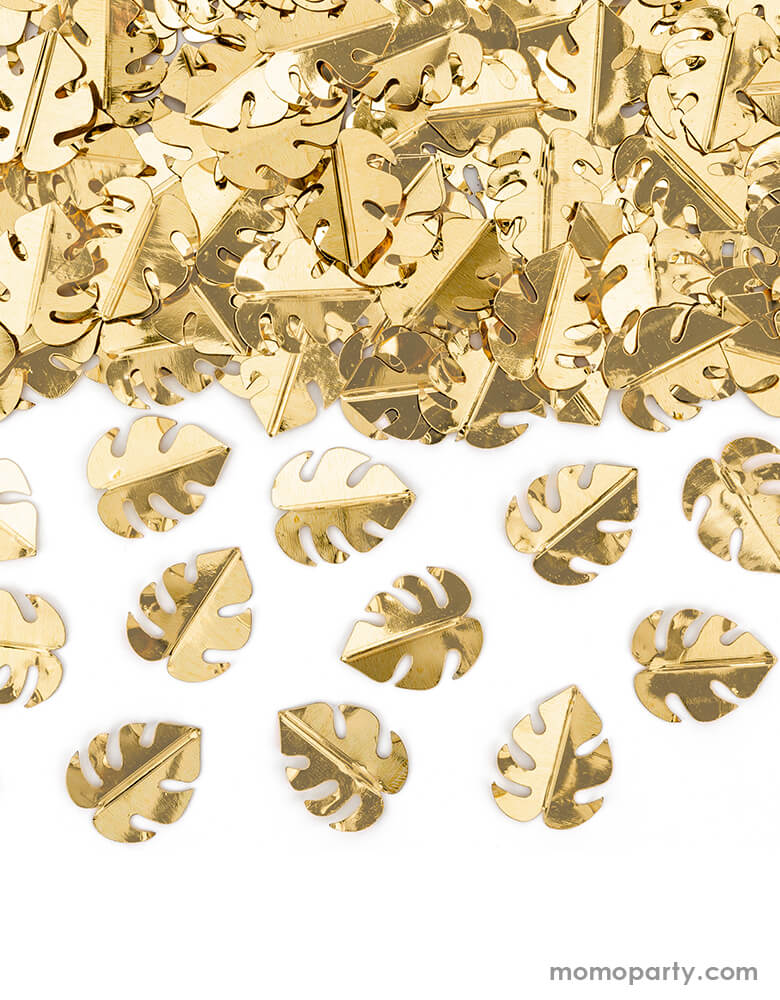 Close up look of Party Deco Palm Leaf Gold Confetti. This confetti features Palm leaf shape cutouts with gold foil. Add some fun to your jungle, dinosaur or tropical themed party by spreading this set of palm leaf confetti in metallic gold to your table! party supply accessories Sold by Momopartys store provided modern party supplies, boutique party supplies, chic holiday party supplies and high end party supplies