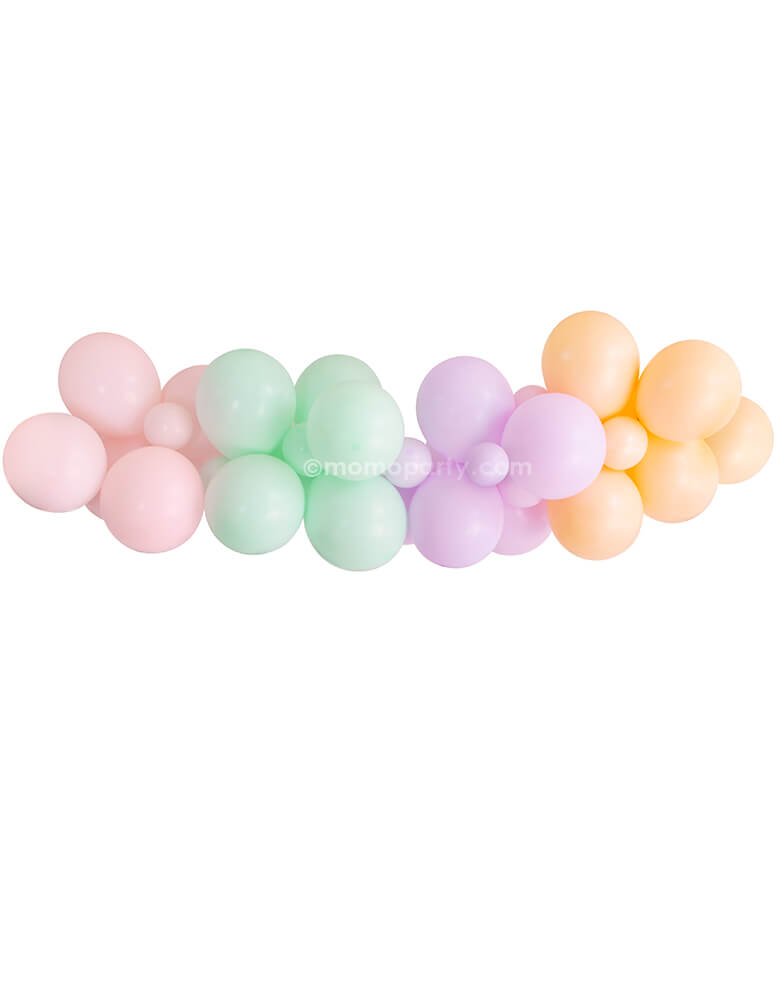 Pastel Rainbow Balloon Garland by Momopartys. Assorted 11” (large) & 5” (small) latex balloons garland kit in Pastel matte pink, Pastel matte mint, Pastel matte purple, and fashion blush. This dreamy pastel rainbow design are perfect for a modern pastel halloween themed party, rainbow birthday. unicorn party or baby shower, any birthday party for girl, 
