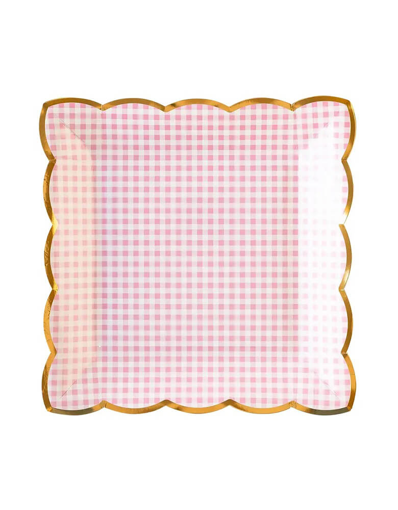 Momo Party's 9" x 9" pink gingham plates. Come in a set of 8 plates and featuring gold foil accent, these plates are perfect for a spring themed party or an Easter celebration.
