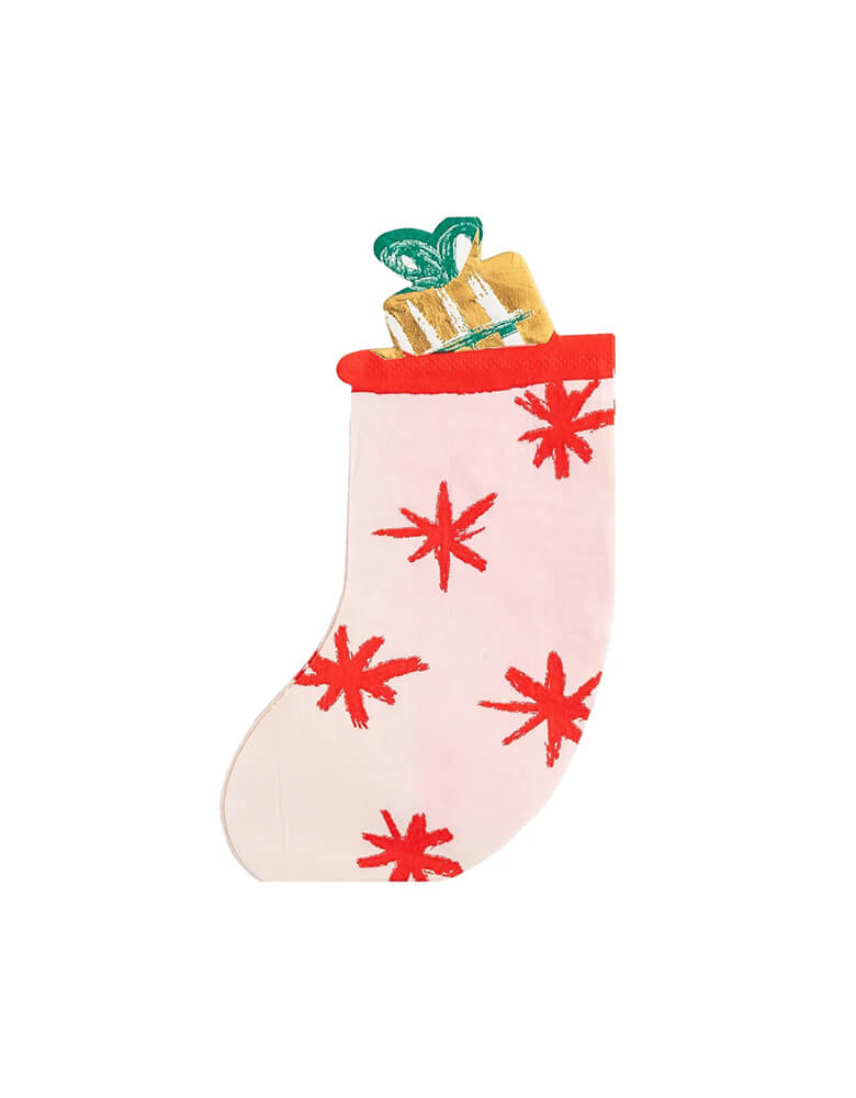 These pretty pink christmas stocking napkins from My Minds Eye will be a fun and merry guest favorite this year.Cozy looking die cut stocking shape is soft and whimsical and a beautiful table piece. The napkins are a modern pink color with red starbursts and even a stuffed toy with gold foil accents and a green bow! There are 18 napkins sized 4.5 x 6.5 inches at momopartys.shop