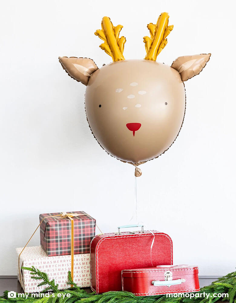 Adorable Rudolph the reindeer balloon by My Minds Eye for a delightful holiday season. Party decor that will be loved by kids and adults, this reindeer balloon will set a joyful and merry mood as you wait for Santa Claus and reindeers. Decorate your home easily with this lovable reindeer balloon 26 inch in size. The red and gold colors work beautifully with other Christmas ornaments, forest winter and gingham decor at momopartys.shop. Have it near the tree or Christmas gift boxes for the enjoyment of guests.