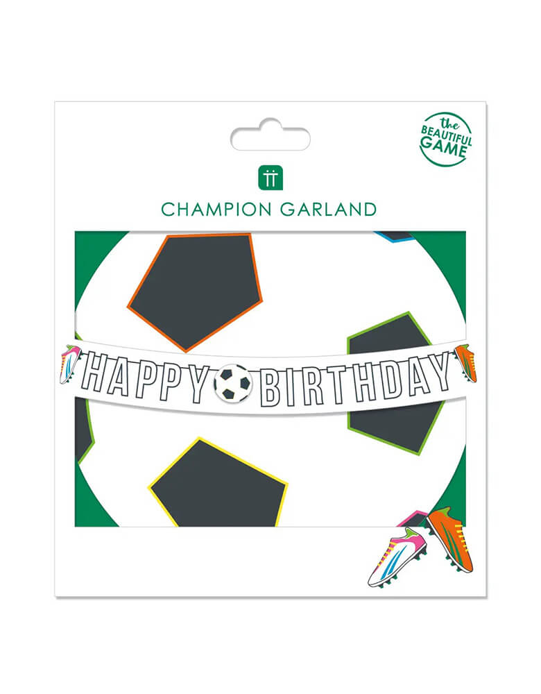 This Momopartys's Happy Birthday garland by Talking Tables is perfect for celebrating soccer fans. With black and white lettering, set off by the touch of bright color in the soccer cleats, this soccer birthday decoration can be paired with our matching napkins and plates or those of your favorite teams.