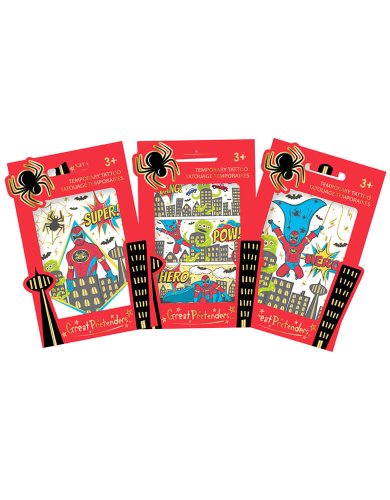 Momopartys Superhero Temporary Tattoo Assortment by Great Pretenders. Set of 3. Each pack comes with an assortment of three designs, making them the perfect accessory for any young hero!