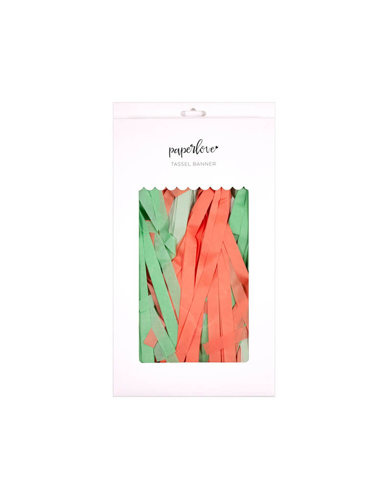 My Mind's Eye Paper Love Trend Tassel Banner in a white box package. This tassel banner kit includes 12 pre-strung, pre-made 10" tassels, in green, mint and coral colors. Modern party decoration for Fiesta themed birthday party, Kids' Tea party, Spring Garden party, Tropical Party, Baby shower, Wedding celebration and all kinds of party in pastel mint and peach colors. 