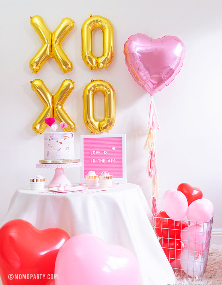 Momopartys Valentine's Day Mini Kit with Xoxo foil balloons, Pink Heart Foil balloon, Heart Shaped Latex balloons, Meri meri Blushing Heart plates, Pale pink side plates for Valentine's Day and Galentine's Day celebration