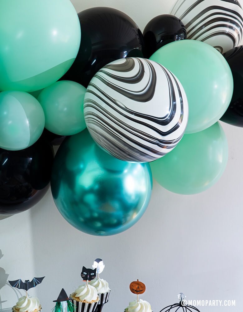 Details of Momopartys 2020 Halloween Collection, Witch Please themed Balloon Garland/Cloud, mix with 11 inch and 5 inch Pastel Matt Mint, Chrome green, Black, Black and White Marble color Latex Balloons. Unique Decoration for your Halloween party , A Modern Witch Inspired Halloween Party, spooktacular halloween party, Night Haunted House Birthday Party, nightmare before christmas party and all kind celebrations